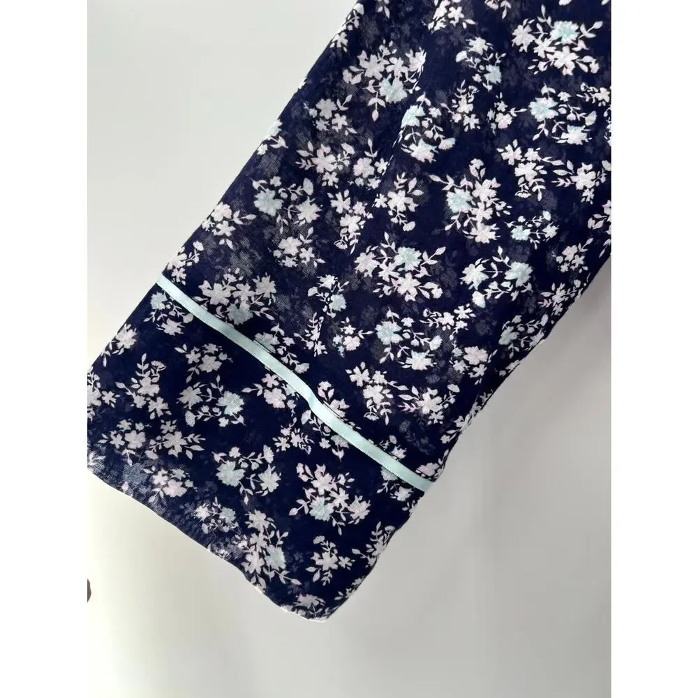 Papinelle Women's Navy Blue Cotton Floral 3/4 Sleeve Sleepwear Robe Size Small